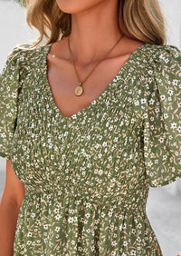 Floral Boho Short Sleeve V Neck Smocked A Line Beach Vacation Maxi Dresses