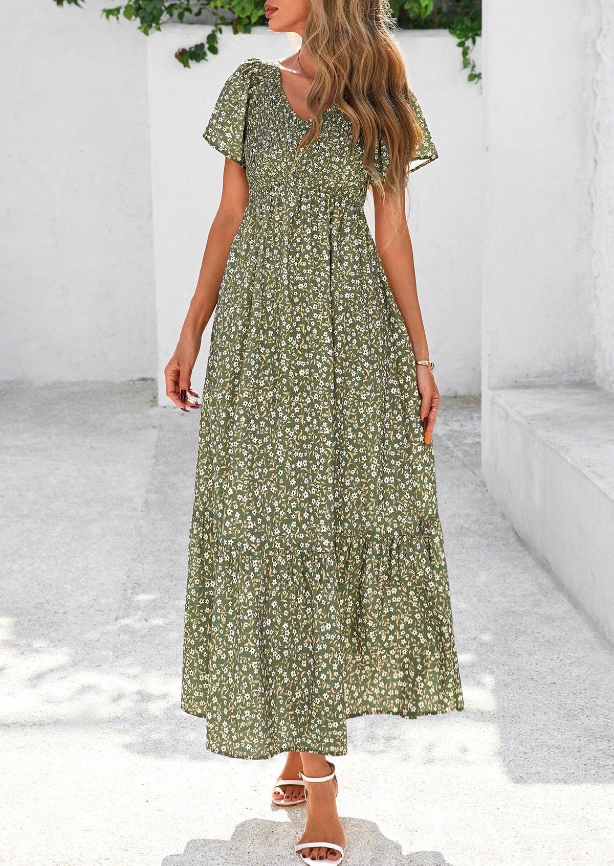 Floral Boho Short Sleeve V Neck Smocked A Line Beach Vacation Maxi Dresses