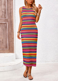 Sleeveless Crew Neck Striped Side Slit Bodycon Casual Maxi Dresses