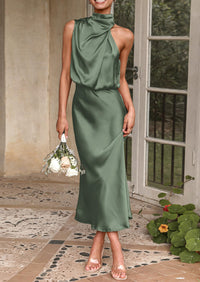Satin sleeveless stand up collar party long dress
