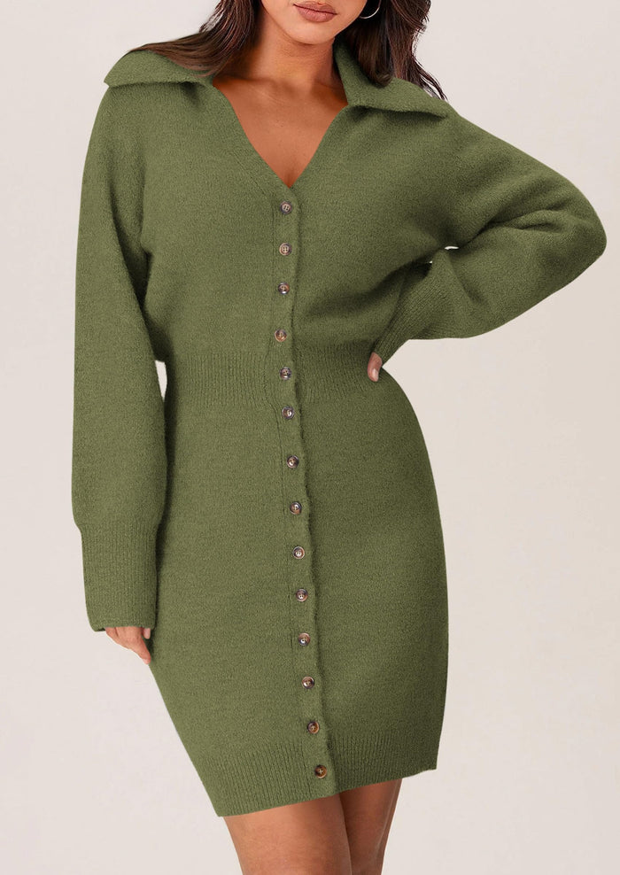 Long Sleeve V Neck Button Down Knit Pullover Sweater Dresses