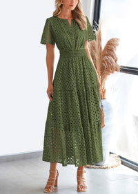 Short Sleeve V Neck Hollow Out Eyelet A Line Long Beach Maxi Dress