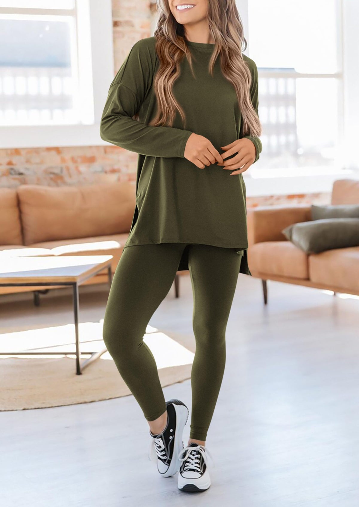 Casual Long Sleeve Tunic Tops Legging Pants Two Piece Sets