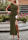 PRETTYGARDEN Summer One Shoulder Long Formal Women's Dress Sleeveless Ruched Bodycon Wedding Guest Slit Maxi Dresses