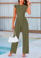 Casual Ruffle Cap Sleeves Crew Neck Rib Knit Jumpsuits