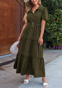Puff Short Sleeve Lapel V Neck Tiered A-Line Flowy Party Dresses With Belt