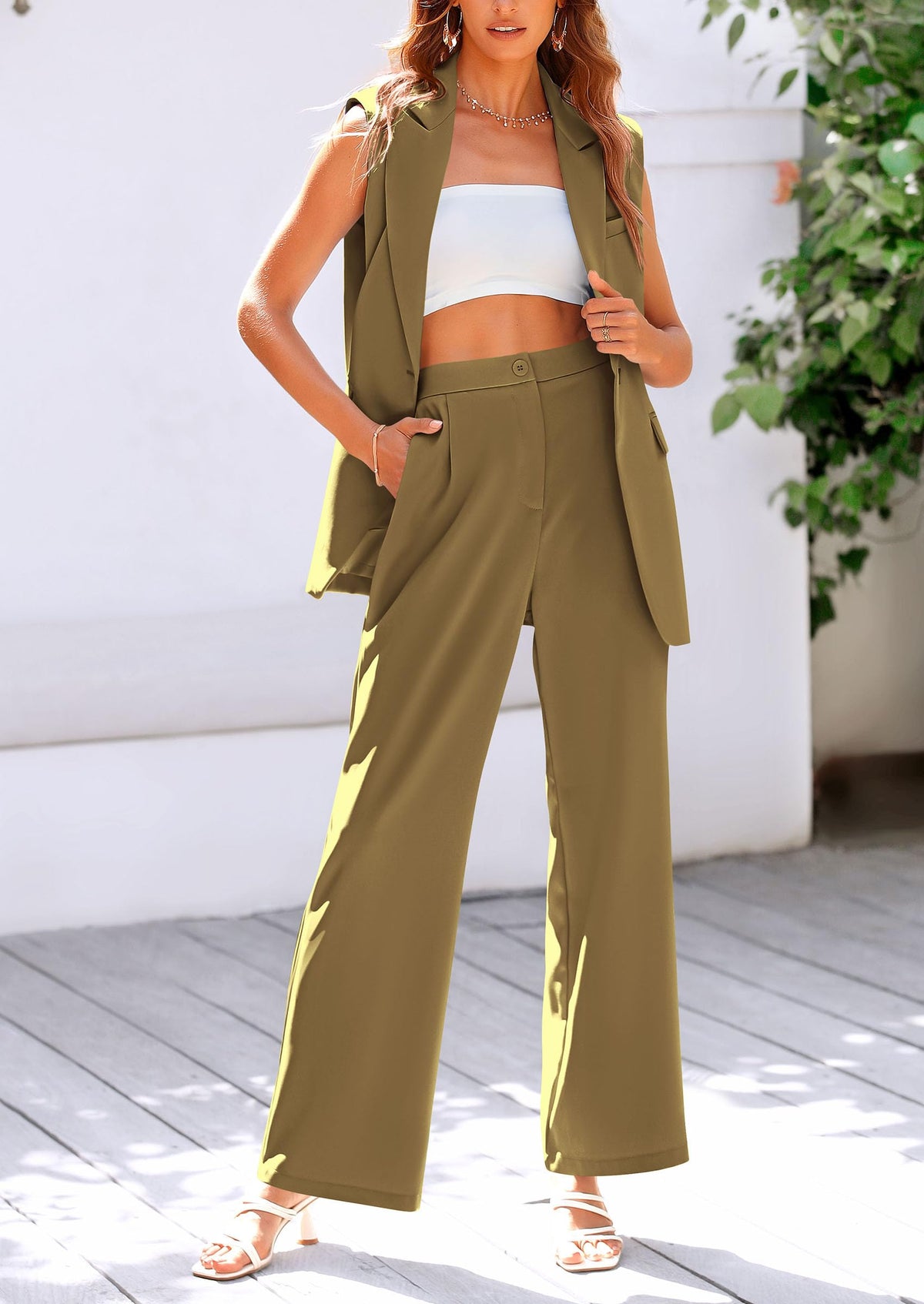 Sleeveless Suit Vest And Wide Leg Pants Business Casual Blazer Set