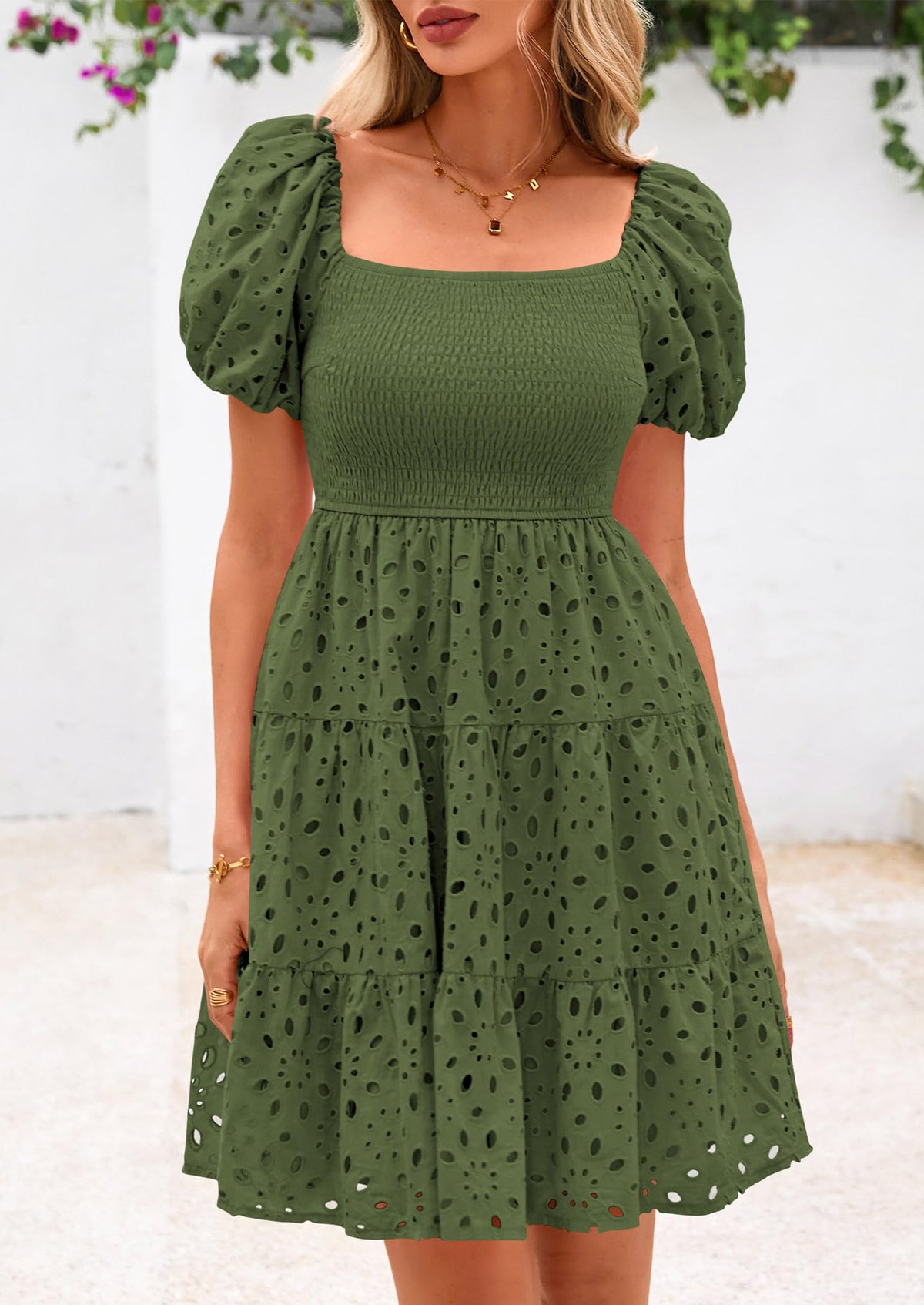 Puff Sleeve Off Shoulder Eyelet Smocked A Line Casual Babydoll Mini Dress