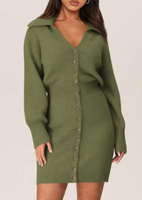 Long Sleeve V Neck Button Down Knit Pullover Sweater Dresses