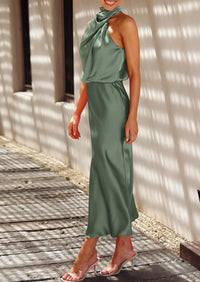 Satin sleeveless stand up collar party long dress