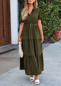 Puff Short Sleeve Lapel V Neck Tiered A-Line Flowy Party Dresses With Belt