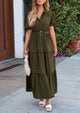 Puff Short Sleeve Lapel V Neck Tiered A-Line Flowy Party Dresses With Belt