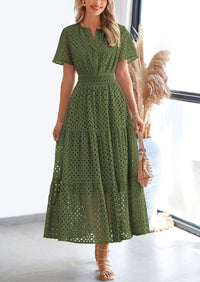 Short Sleeve V Neck Hollow Out Eyelet A Line Long Beach Maxi Dress