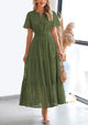 Short Sleeve V Neck Hollow Out Eyelet A Line Long Beach Maxi Dress