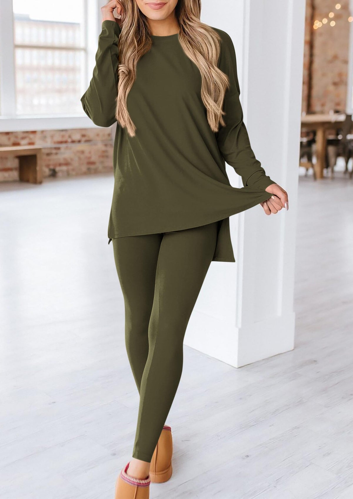 Casual Long Sleeve Tunic Tops Legging Pants Two Piece Sets