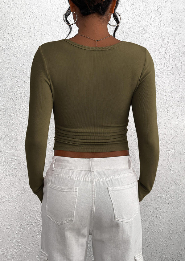 Long Sleeve Henley Button Down Ribbed Knit Slim Fit Casual T-shirts