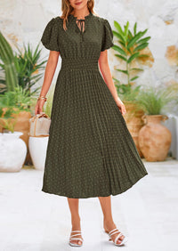 Swiss Dot Pleated A Line Casual Flowy Party Midi Dress