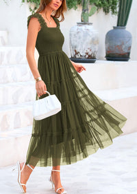 Casual Sleeveless Smocked Ruffle Tulle Flowy Beach Sundress