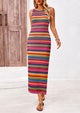 Sleeveless Crew Neck Striped Side Slit Bodycon Casual Maxi Dresses
