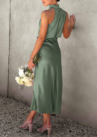 Satin sleeveless stand up collar party long dress