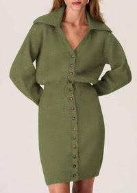 Long Sleeve V Neck Button Down Knit Pullover Sweater Dresses