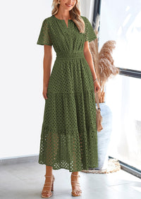 Short Sleeve V Neck Hollow Out Eyelet A Line Long Beach Maxi Dress