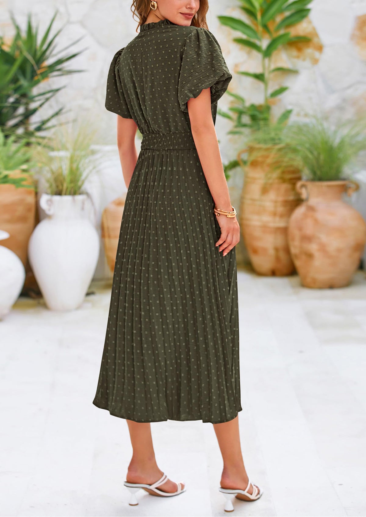 Swiss Dot Pleated A Line Casual Flowy Party Midi Dress