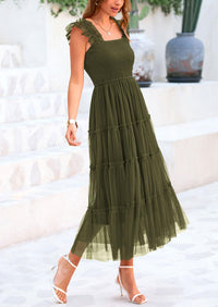 Casual Sleeveless Smocked Ruffle Tulle Flowy Beach Sundress