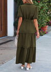 PRETTYGARDEN Women's Summer Maxi Dress Puff Short Sleeve Lapel V Neck Tiered A Line Flowy Elegant Party Dresses with Belt