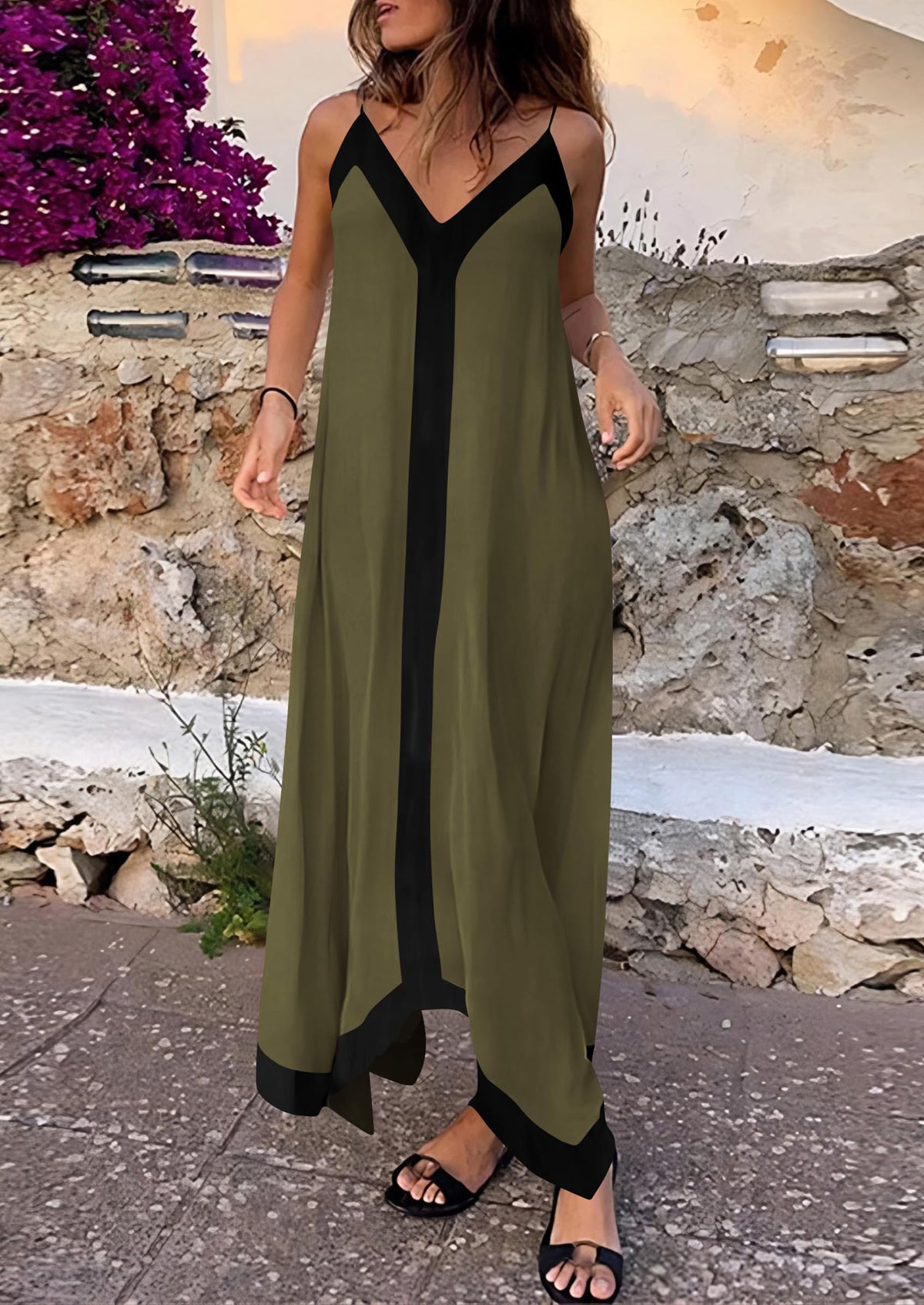 Elegant V Neck Spaghetti Strap Flowy Cocktail Party Maxi Dresses
