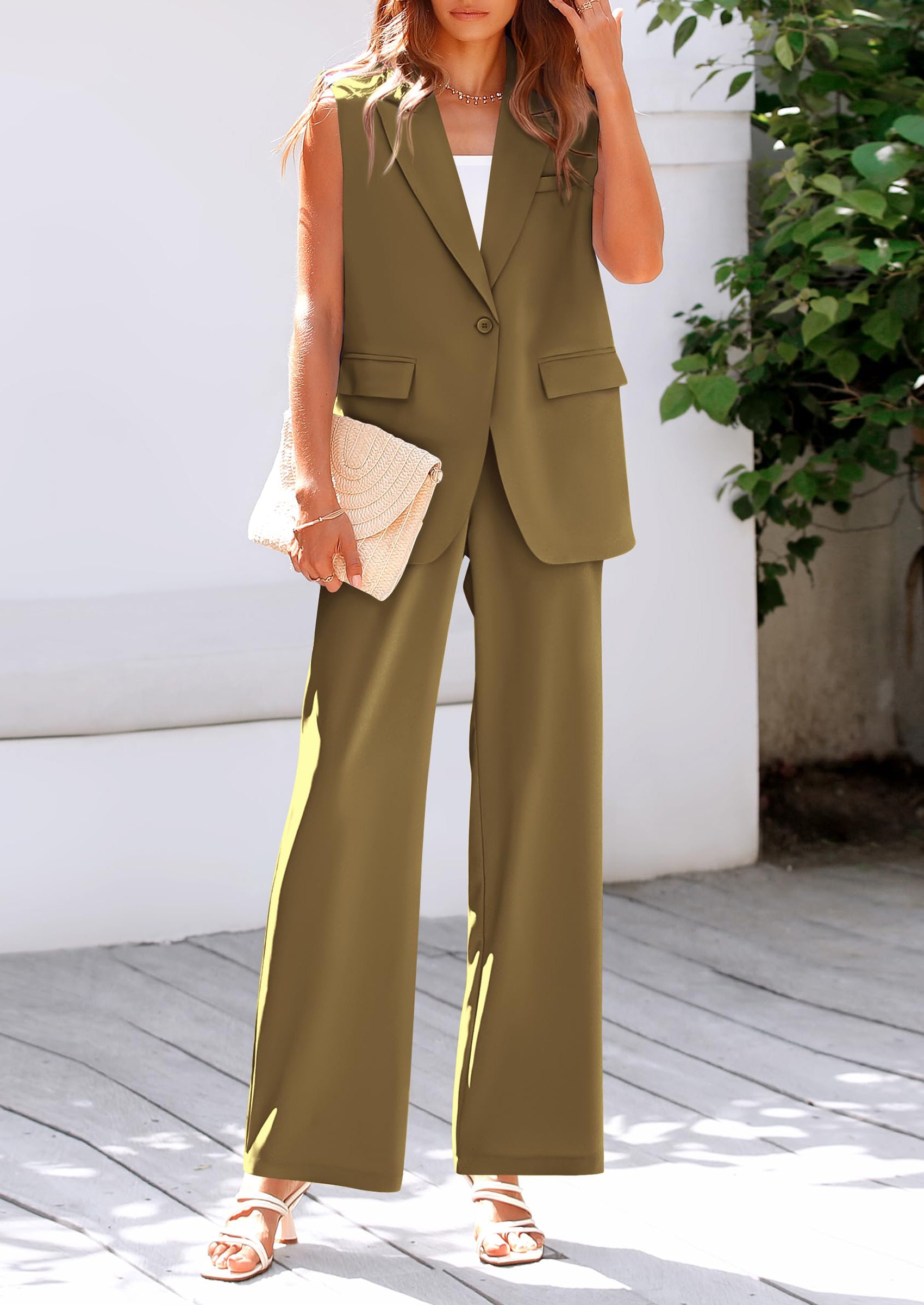 PRETTYGARDEN 2 Piece Outfits Sleeveless Suit Vest and Wide Leg Pants Business Casual Blazer Sets