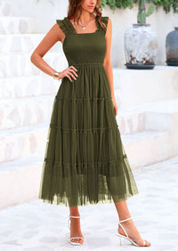 Casual Sleeveless Smocked Ruffle Tulle Flowy Beach Sundress