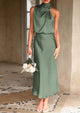 Satin sleeveless stand up collar party long dress