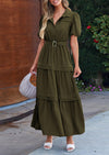 PRETTYGARDEN Women's Summer Maxi Dress Puff Short Sleeve Lapel V Neck Tiered A Line Flowy Elegant Party Dresses with Belt
