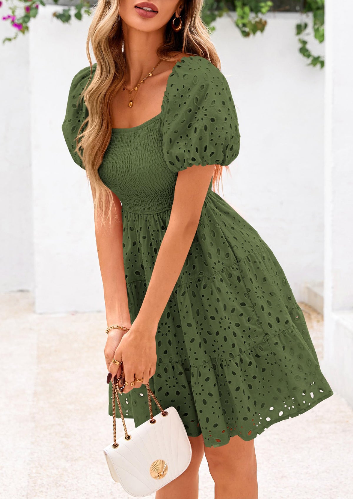 Puff Sleeve Off Shoulder Eyelet Smocked A Line Casual Babydoll Mini Dress