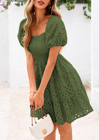 Puff Sleeve Off Shoulder Eyelet Smocked A Line Casual Babydoll Mini Dress