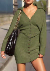 Long Sleeve V Neck Button Down Knit Pullover Sweater Dresses