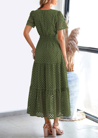 Short Sleeve V Neck Hollow Out Eyelet A Line Long Beach Maxi Dress