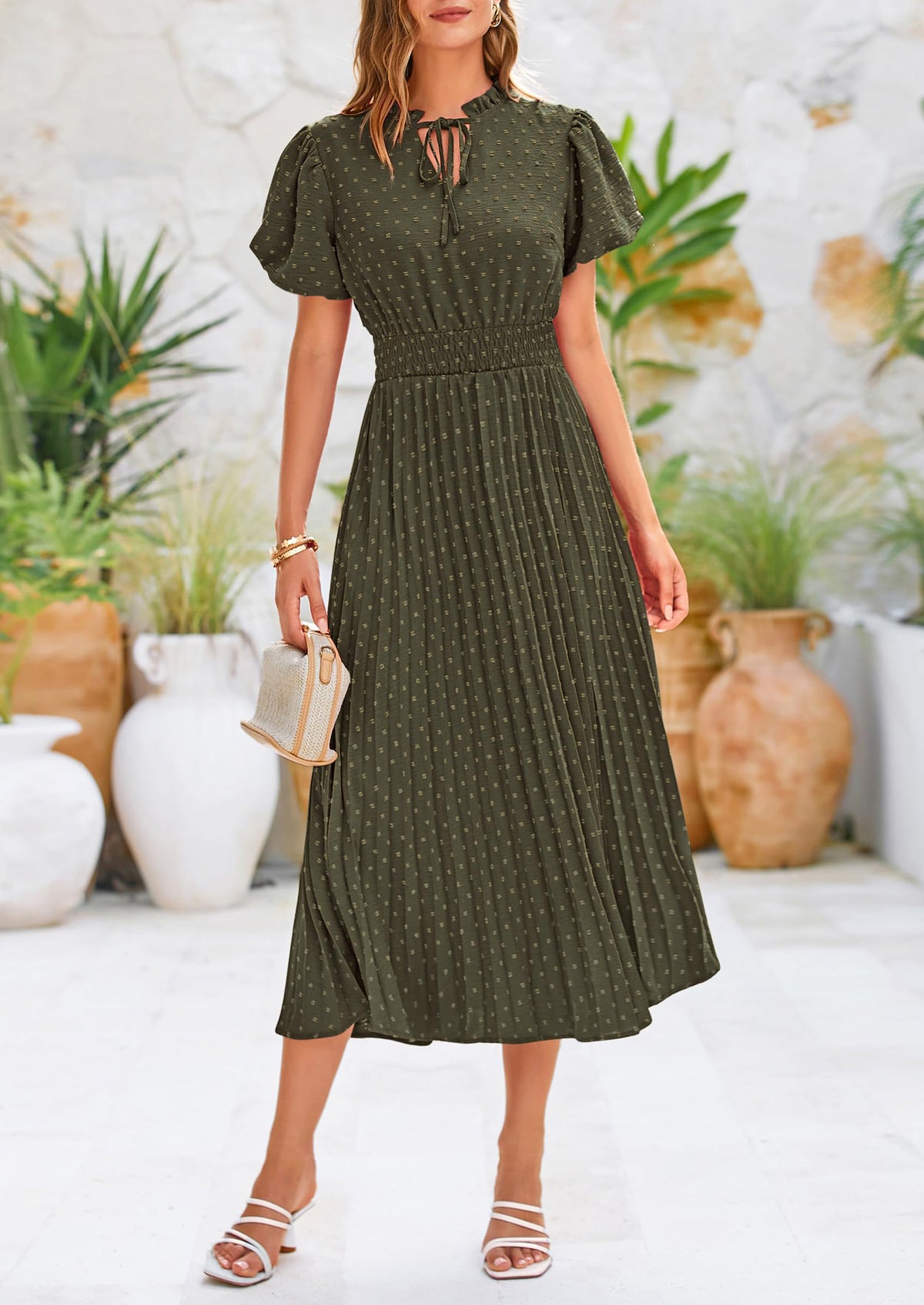 Swiss Dot Pleated A Line Casual Flowy Party Midi Dress