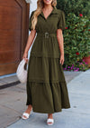 PRETTYGARDEN Women's Summer Maxi Dress Puff Short Sleeve Lapel V Neck Tiered A Line Flowy Elegant Party Dresses with Belt