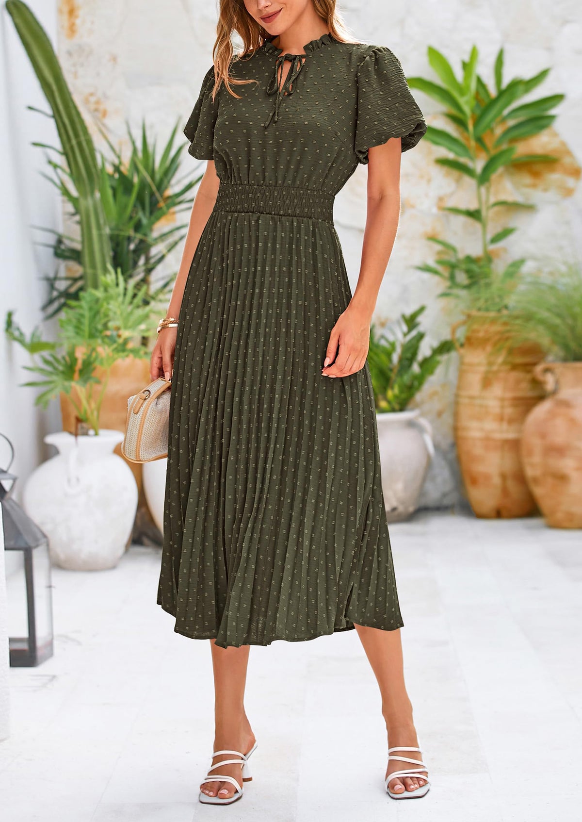 Swiss Dot Pleated A Line Casual Flowy Party Midi Dress