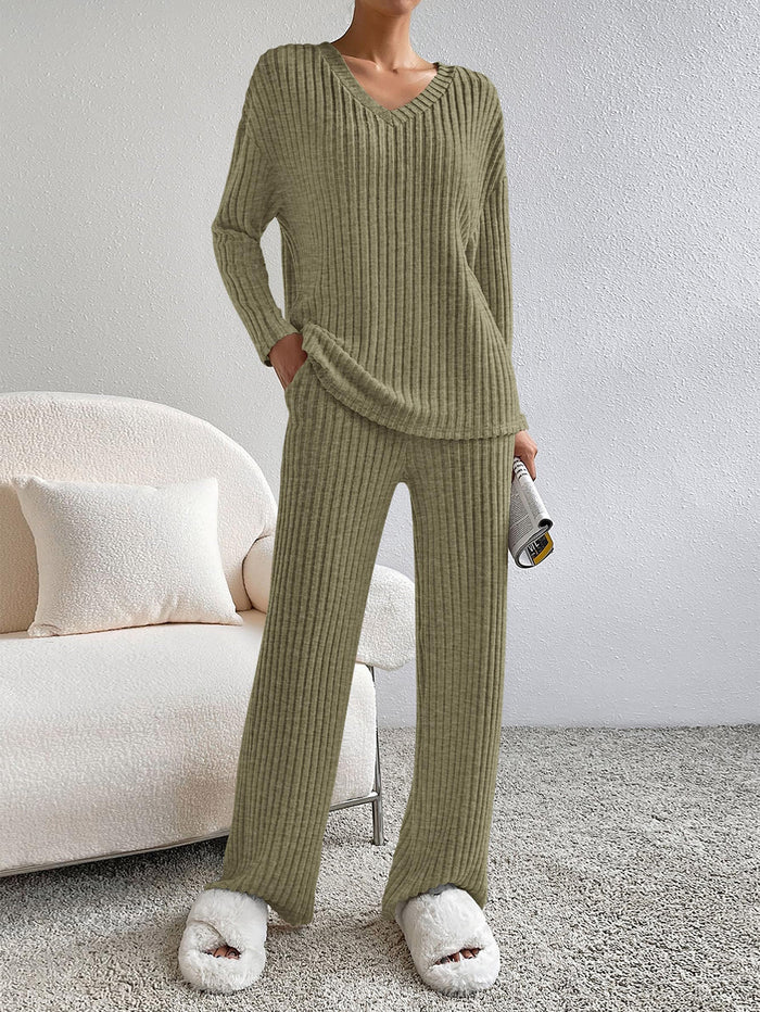 Knitted Long Sleeved V-Neck Pullover, Wide Leg Long Pants Two-Piece Set