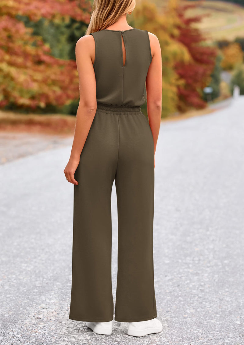 PRETTYGARDEN Jumpsuits Casual Outfits Sleeveless Wide Leg Long Pants Rompers