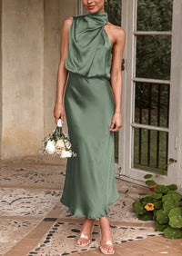 Satin sleeveless stand up collar party long dress