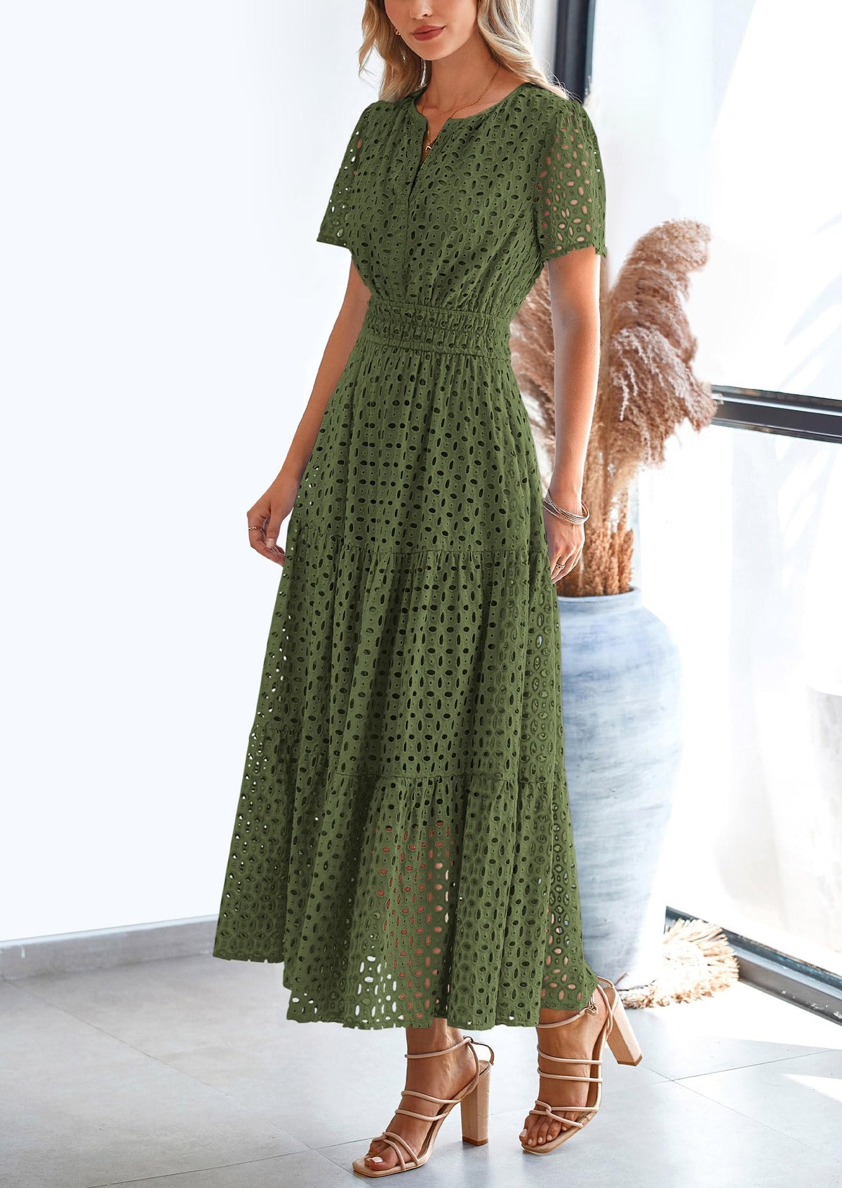 Short Sleeve V Neck Hollow Out Eyelet A Line Long Beach Maxi Dress