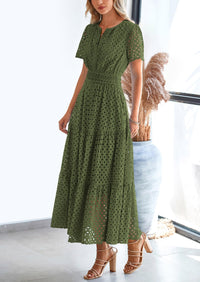 Short Sleeve V Neck Hollow Out Eyelet A Line Long Beach Maxi Dress