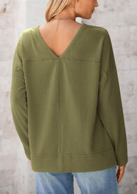 Casual Long Sleeve Ribbed V Neck Loose Fit Blouses