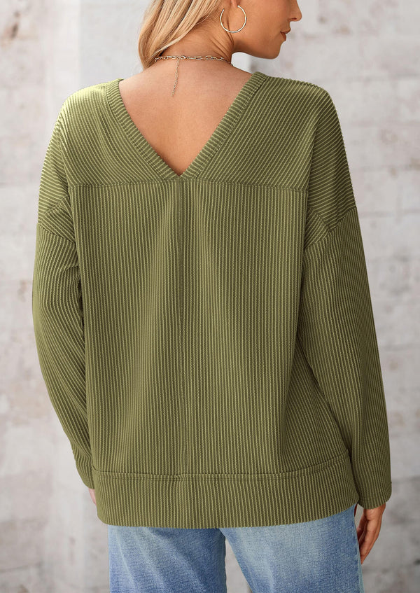 Casual Long Sleeve Ribbed V Neck Loose Fit Blouses