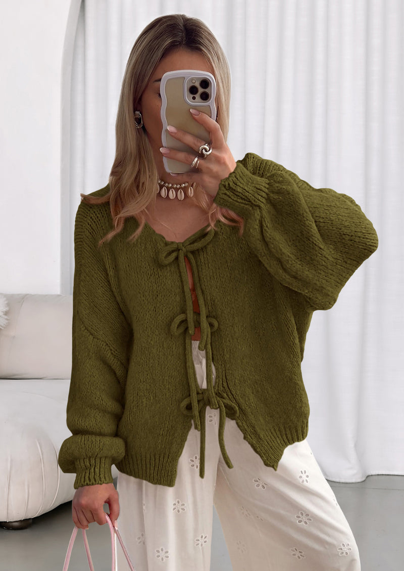 PRETTYGARDEN Women's Tie Front Bow Cardigan Sweaters Chunky Knit Long Puff Sleeve Trendy Fall Winter Jacket Coats