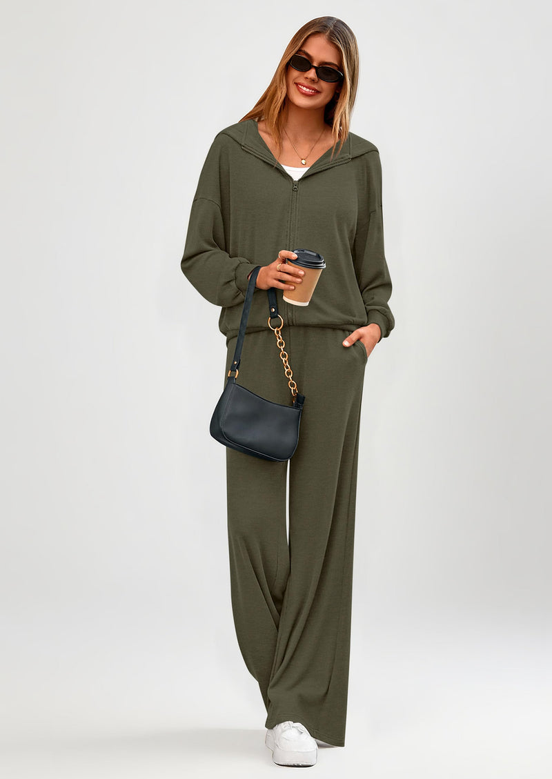 PRETTYGARDEN Women's 2 Piece Fall Lounge Sets Zip Up Hoodie Wide Leg Pants Tracksuit Matching Travel Outfits Clothes